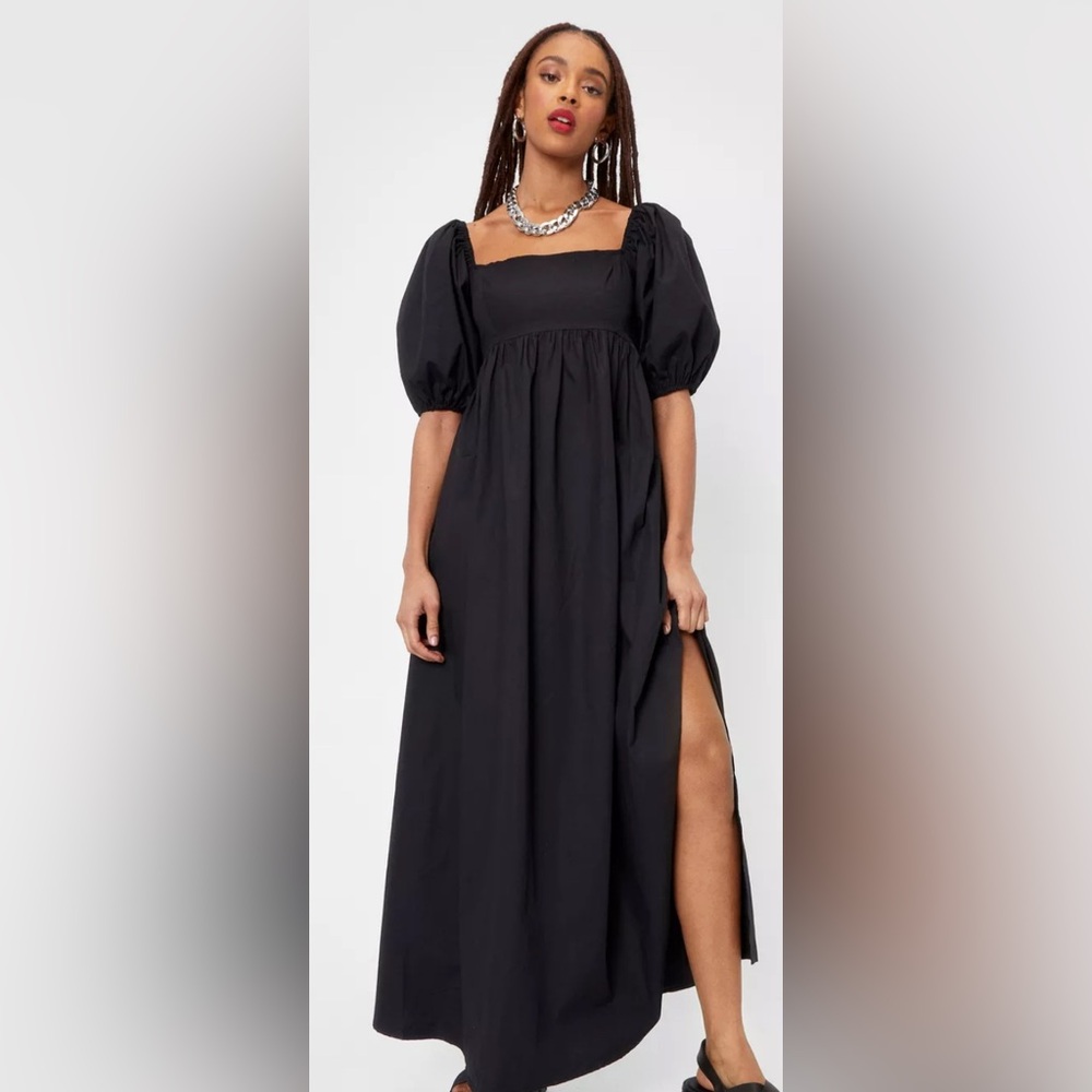Nasty Gal Black Puff Sleeve Poplin Smock Maxi Dress Sz 6 NWT